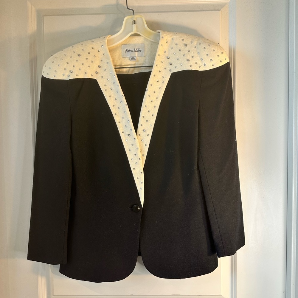 Vintage RARE Nolan Miller 80ās Cream & Black Wool Sparkle Beaded Skirt Set, 10